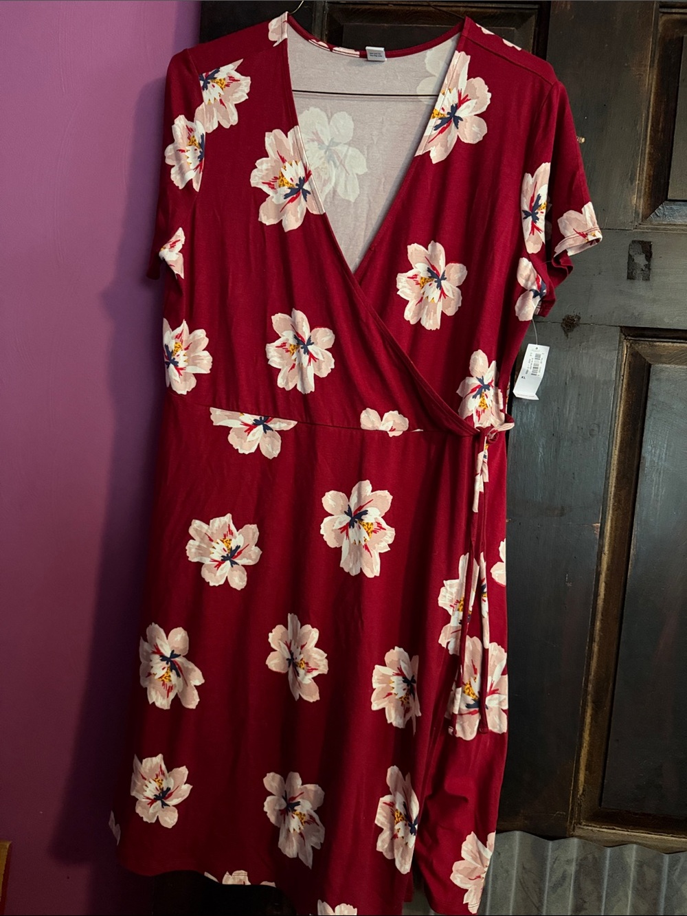 Old Navy Red Floral Wrap Midi Dress